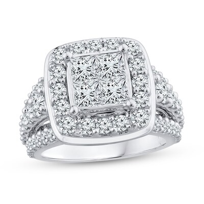 3.37 CT. T.W. Quad Princess-Cut Diamond Cushion Frame Multi-Row Engagement Ring in 14K White Gold