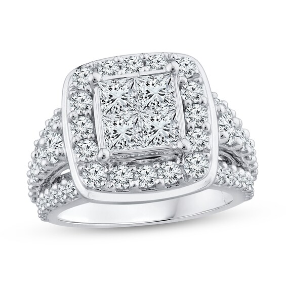 3.37 CT. T.W. Quad Princess-Cut Diamond Cushion Frame Multi-Row Engagement Ring in 14K White Gold
