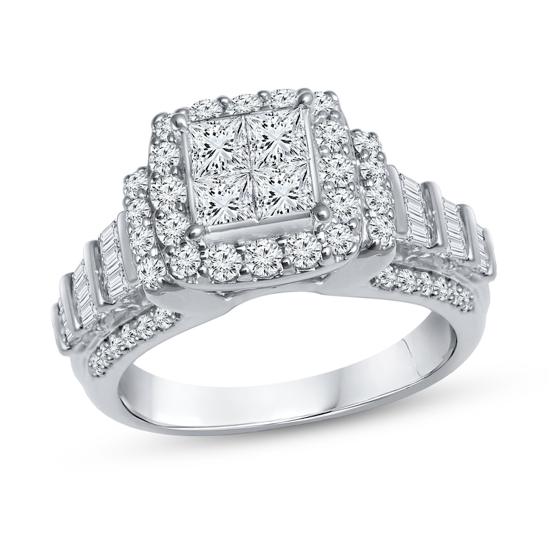 Main Image 1 of 1.75 CT. T.W. Quad Princess-Cut Diamond Frame Tiered Shank Engagement Ring in 14K White Gold