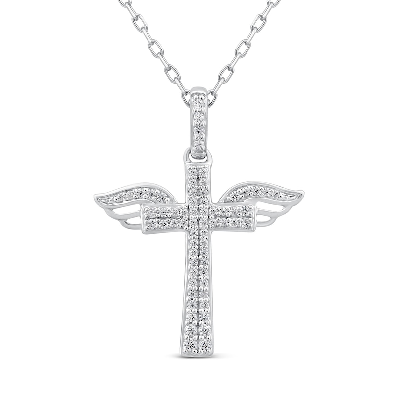 0.18 CT. T.W. Diamond Double Row Cross with Wings Pendant in 10K White Gold|Peoples Jewellers