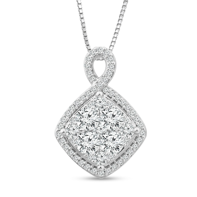 0.69 CT. T.W. Cushion Multi-Diamond Loop Frame Tilted Pendant in 10K White Gold