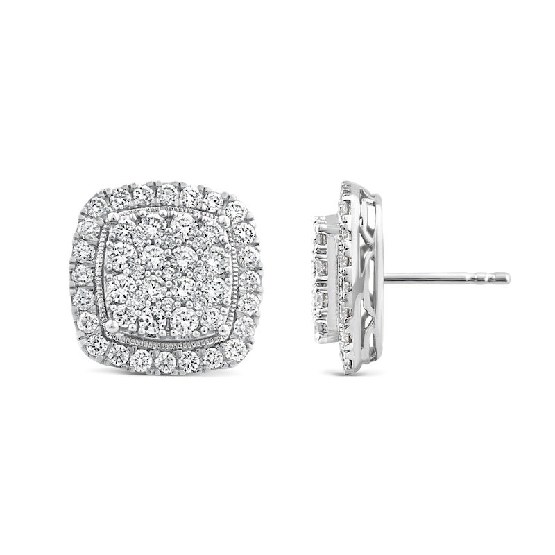1.95 CT. T.W. Cushion Multi-Diamond Frame Vintage-Style Stud Earrings in 14K White Gold
