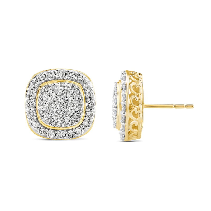 1.45 CT. T.W. Cushion Multi-Diamond Frame Stud Earrings in 14K Gold|Peoples Jewellers