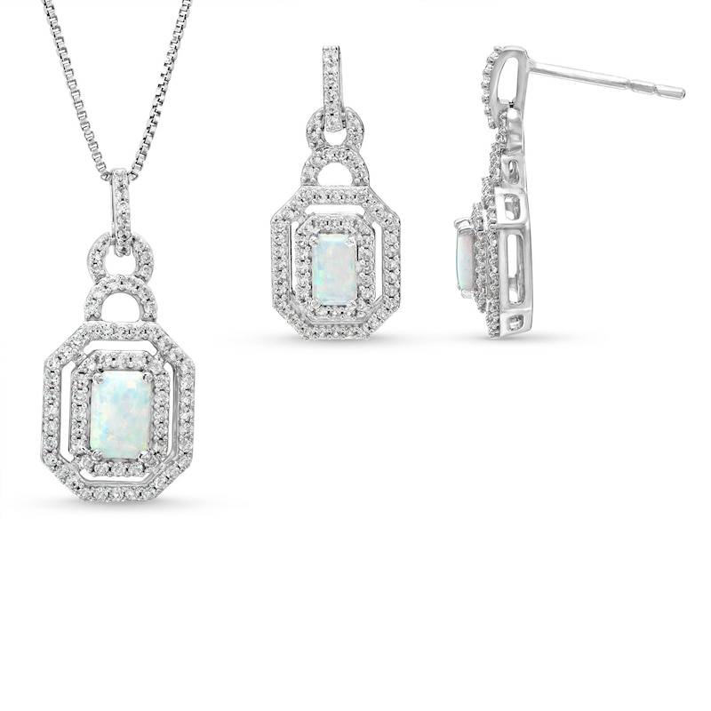 Emerald-Cut Lab-Created Opal and White Lab-Created Sapphire Doorknocker Pendant and Earrings Set in Sterling Silver