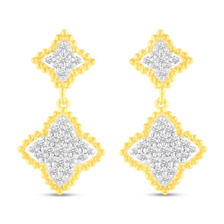 0.45 CT. T.W. Diamond Bead Edge Flower Double Drop Earrings in 14K Gold