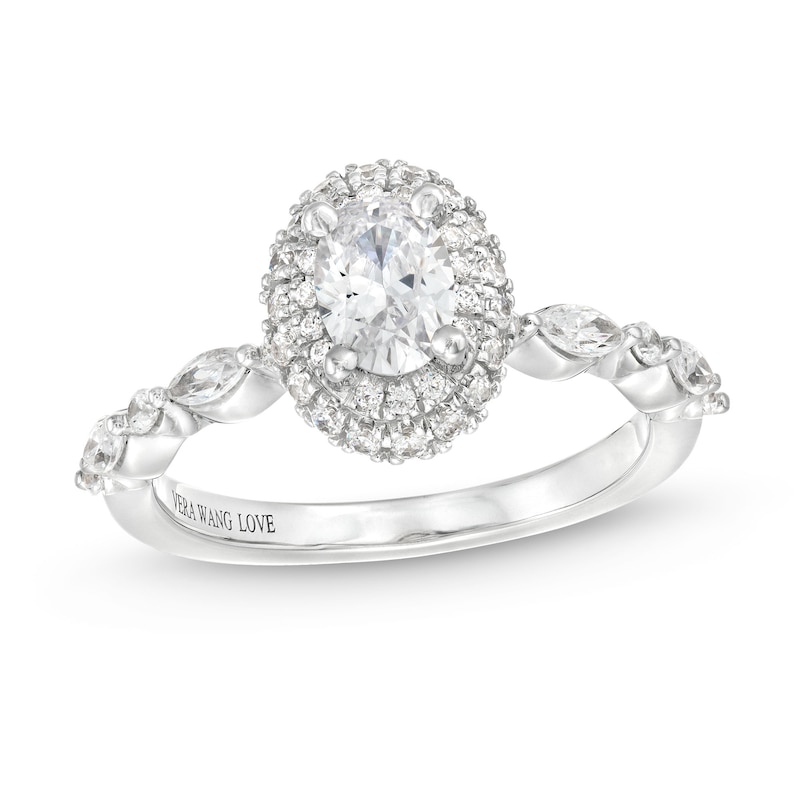 Vera Wang Love Collection Canadian Certified Oval Centre Diamond 0.95 CT. T.W. Frame Engagement Ring in 14K White Gold