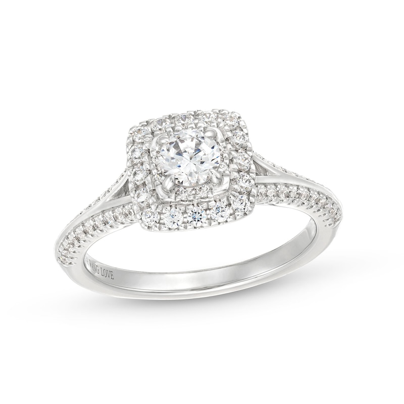 Vera Wang Love Collection Canadian Certified Centre Diamond 0.69 CT. T.W. Split Shank Engagement Ring in 14K White Gold|Peoples Jewellers