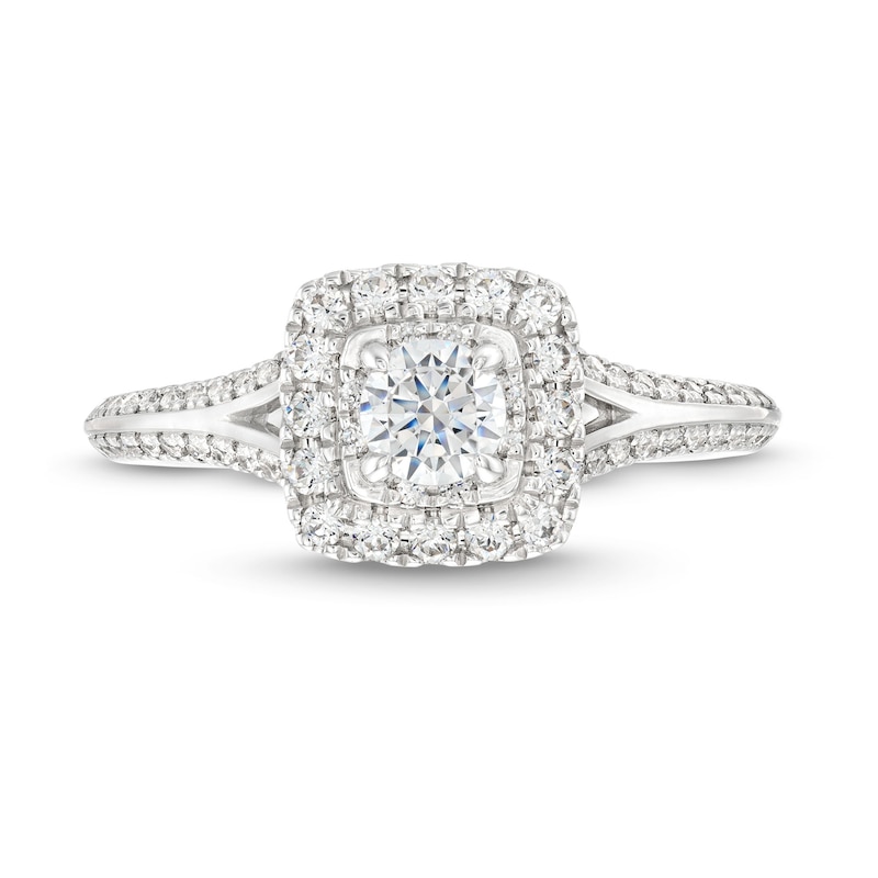 Vera Wang Love Collection Canadian Certified Centre Diamond 0.69 CT. T.W. Split Shank Engagement Ring in 14K White Gold|Peoples Jewellers