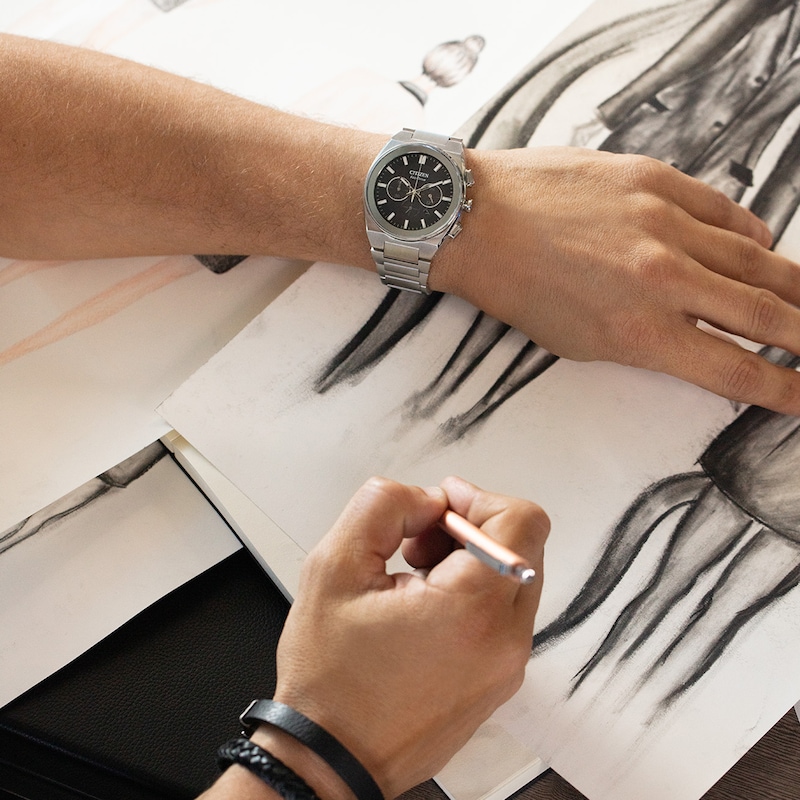 Main Image 5 of Men's Citizen Eco-Drive® Axiom Chronograph Silver-Tone Watch with Black Dial (Model: CA4580-50E)