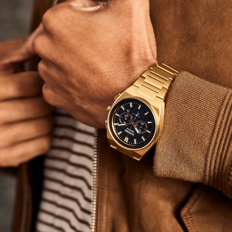 Main Image 4 of Men's Citizen Eco-Drive® Axiom Chronograph Gold-Tone Watch with Black Dial (Model: CA4582-54E)