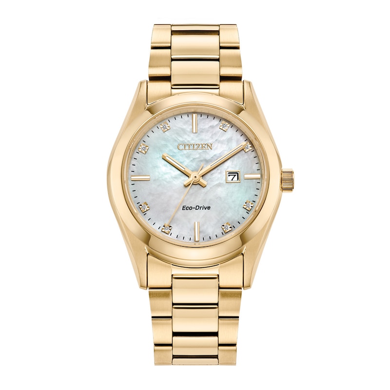 Ladies' Citizen Eco-Drive® Diamond Accent Gold-Tone Watch with Mother-of-Pearl Dial (Model: EW2702-59D)