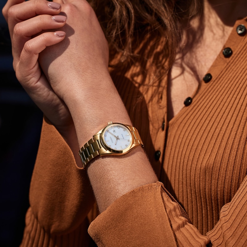Main Image 4 of Ladies' Citizen Eco-Drive® Diamond Accent Gold-Tone Watch with Mother-of-Pearl Dial (Model: EW2702-59D)