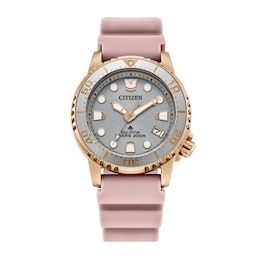 Ladies' Citizen Eco-Drive® Promaster Dive Rose-Tone Pink Rubber Strap Watch with Silver-Tone Dial (Model: EO2023-00A)