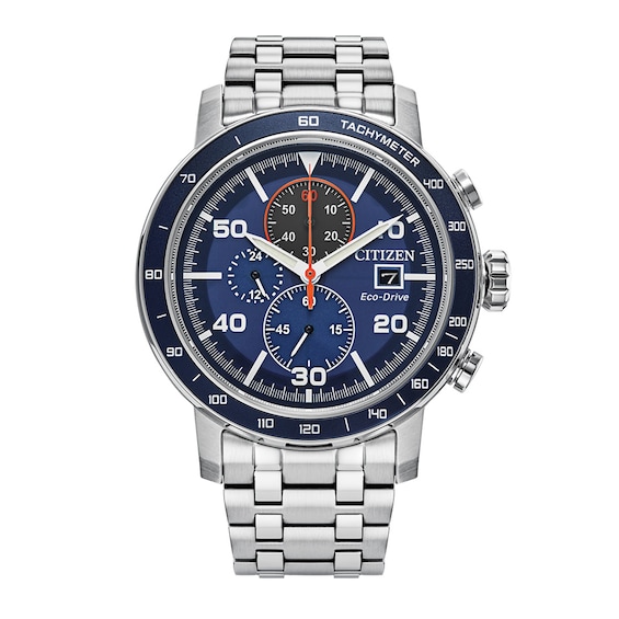 Men's Citizen Eco-Drive® Brycen Chronograph Silver-Tone Watch with Blue Dial (Model: CA0850-59L)