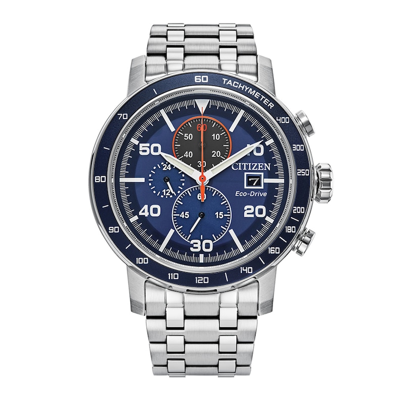 Men's Citizen Eco-Drive® Brycen Chronograph Silver-Tone Watch with Blue Dial (Model: CA0850-59L)|Peoples Jewellers
