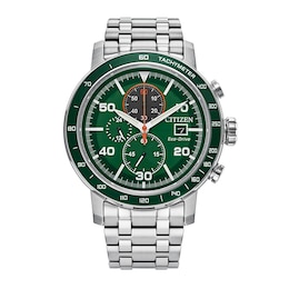 Men's Citizen Eco-Drive® Brycen Chronograph Silver-Tone Watch with Green Dial (Model: CA0851-56X)