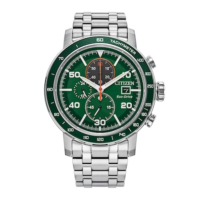 Men's Citizen Eco-Drive® Brycen Chronograph Silver-Tone Watch with Green Dial (Model: CA0851-56X)