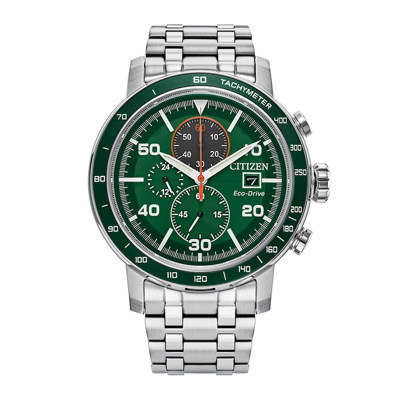 Men's Citizen Eco-Drive® Brycen Chronograph Silver-Tone Watch with Green Dial (Model: CA0851-56X)|Peoples Jewellers