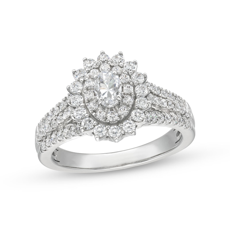 0.95 CT. T.W. Oval Diamond Shadow Frame Multi-Row Engagement Ring in 14K White Gold (I/I2)|Peoples Jewellers