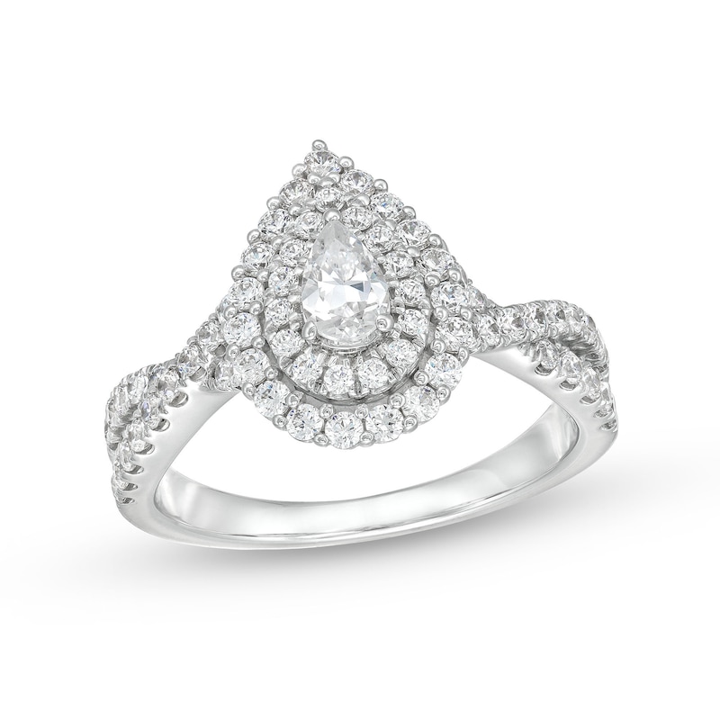 Main Image 1 of 0.95 CT. T.W. Pear-Shaped Diamond Double Frame Split Shank Engagement Ring in 14K White Gold (I/I2)