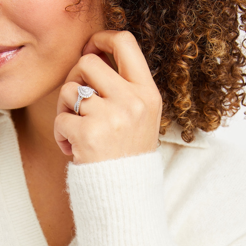 Main Image 2 of 0.95 CT. T.W. Pear-Shaped Diamond Double Frame Split Shank Engagement Ring in 14K White Gold (I/I2)