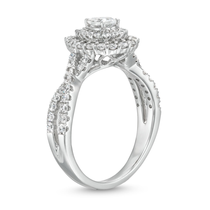0.95 CT. T.W. Pear-Shaped Diamond Teardrop Frame Split Shank Engagement Ring in 14K White Gold (I/I2)