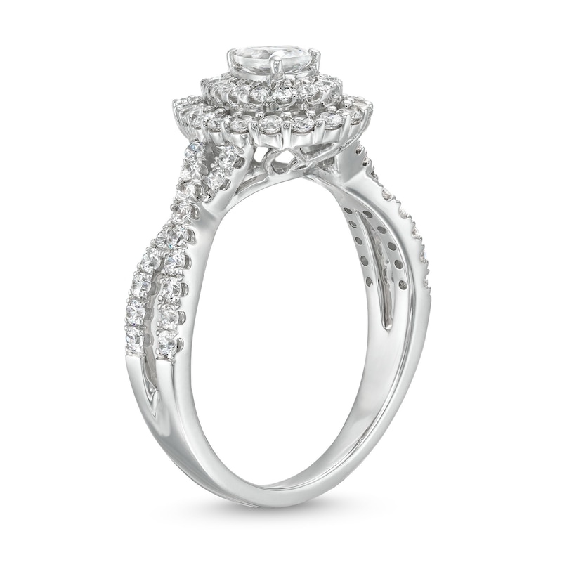 Main Image 3 of 0.95 CT. T.W. Pear-Shaped Diamond Double Frame Split Shank Engagement Ring in 14K White Gold (I/I2)