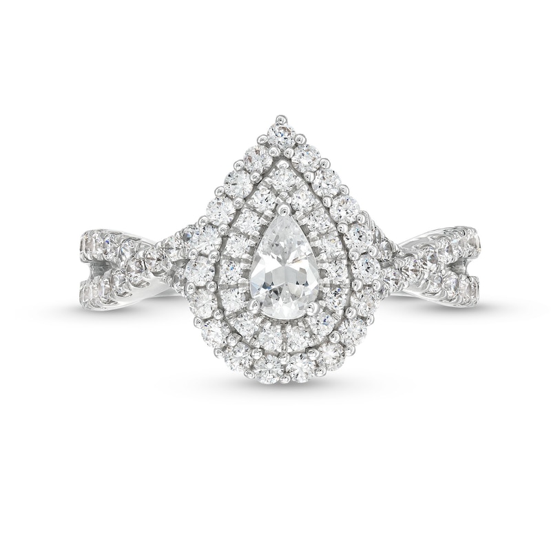 Main Image 4 of 0.95 CT. T.W. Pear-Shaped Diamond Double Frame Split Shank Engagement Ring in 14K White Gold (I/I2)