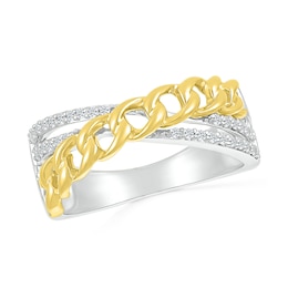 0.147 CT. T.W. Diamond Curb Chain Overlay Criss-Cross Ring in Sterling Silver with 10K Gold Plate