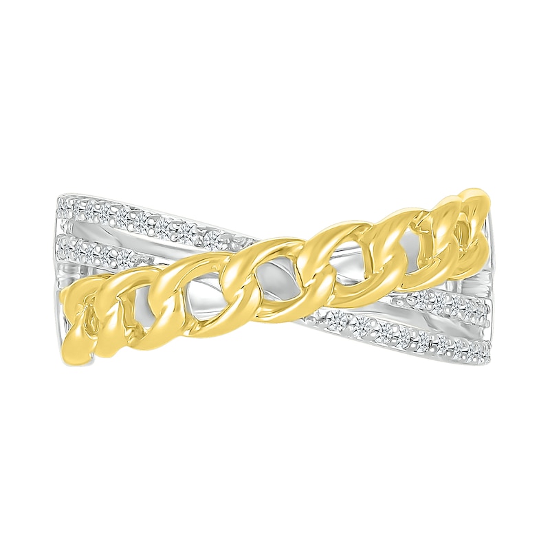 Main Image 2 of 0.147 CT. T.W. Diamond Curb Chain Overlay Criss-Cross Ring in Sterling Silver with 10K Gold Plate