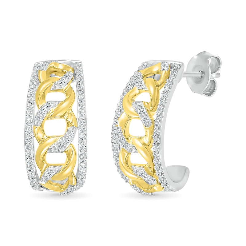 0.29 CT. T.W. Diamond Edge Curb Chain J-Hoop Earrings in Sterling Silver with 10K Gold Plate