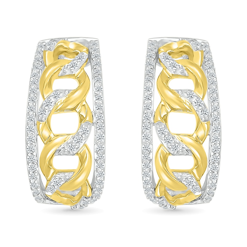0.29 CT. T.W. Diamond Edge Curb Chain J-Hoop Earrings in Sterling Silver with 10K Gold Plate