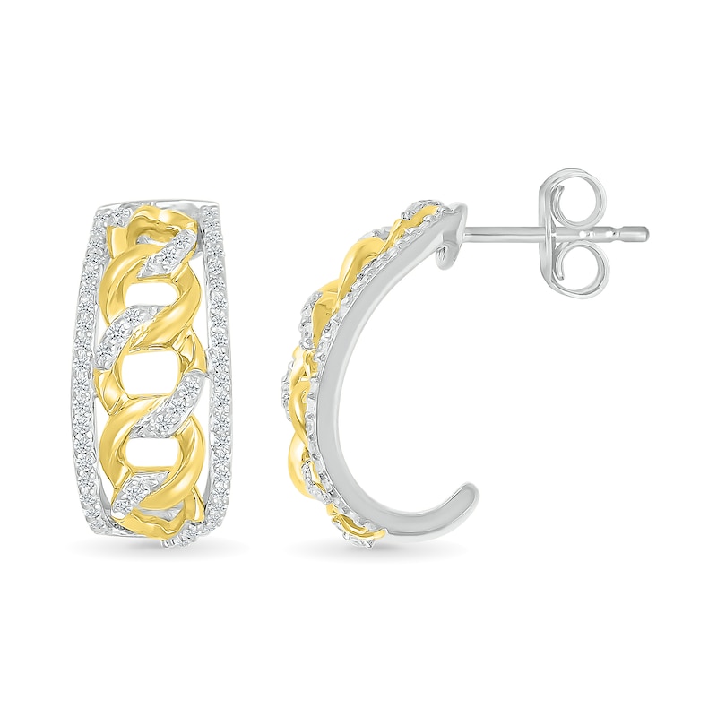 0.29 CT. T.W. Diamond Edge Curb Chain J-Hoop Earrings in Sterling Silver with 10K Gold Plate