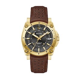 Men's Bulova Icon Gold-Tone Brown Racing Strap Watch with Black Dial (Model: 97B216)