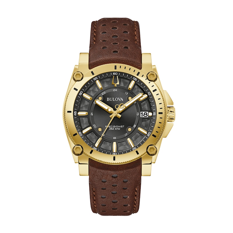 Men's Bulova Icon Gold-Tone Brown Racing Strap Watch with Black Dial (Model: 97B216)|Peoples Jewellers