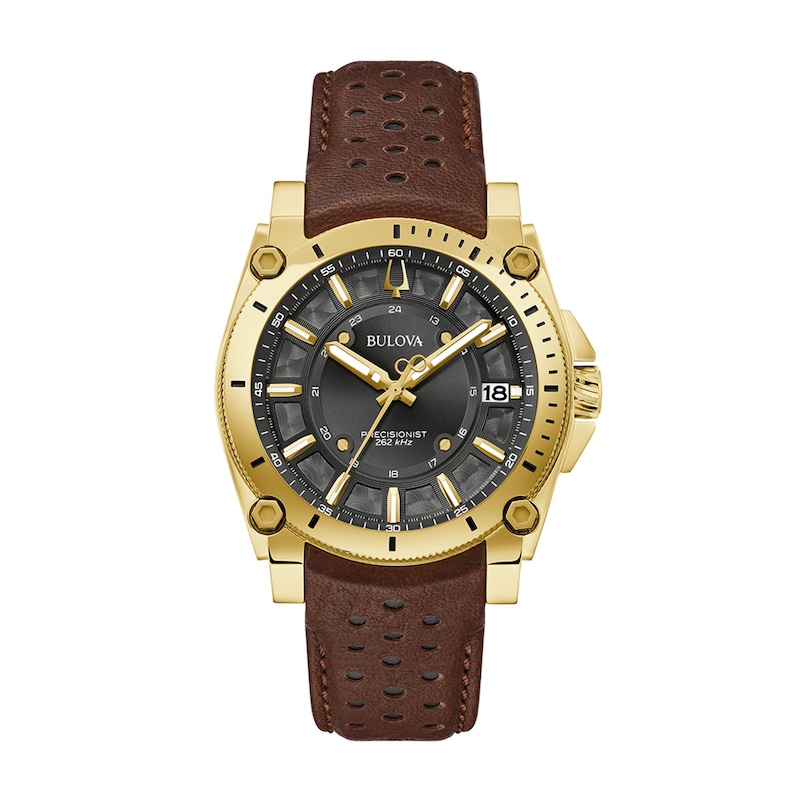 Main Image 1 of Men's Bulova Icon Gold-Tone Brown Racing Strap Watch with Black Dial (Model: 97B216)