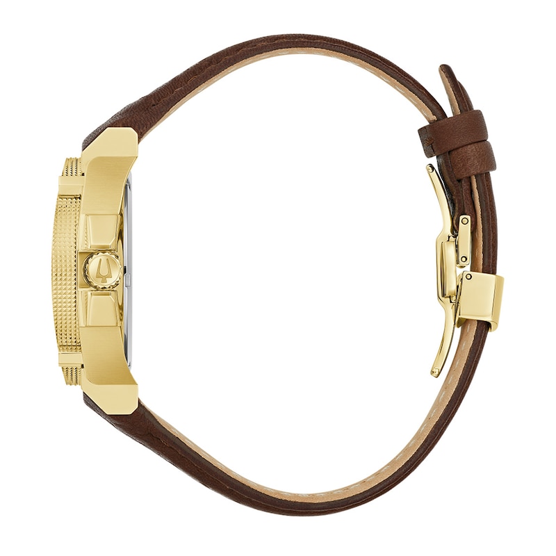 Main Image 2 of Men's Bulova Icon Gold-Tone Brown Racing Strap Watch with Black Dial (Model: 97B216)