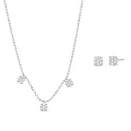 0.23 CT. T.W. Multi-Diamond Three Stone Station Necklace and Stud Earrings Set in Sterling Silver