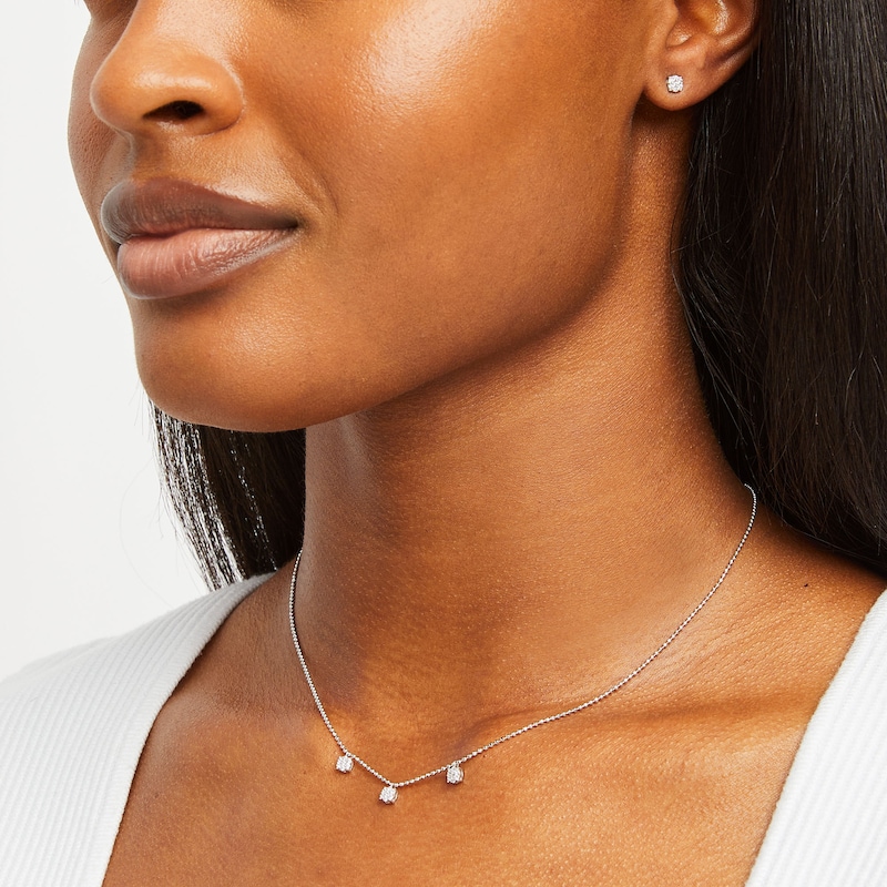 Main Image 2 of 0.23 CT. T.W. Multi-Diamond Three Stone Station Necklace and Stud Earrings Set in Sterling Silver