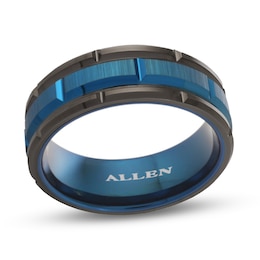 Men's Engravable 8.0mm Brick Stripes Band in Tungsten with Black and Blue Ion-Plate (1 Line)