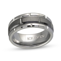 Men's Engravable 8.0mm Black Ceramic Brick Stripes Band in Tungsten (1 Line)