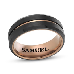Men's Engravable 8.0mm Centre Stripe Band in Black IP Tungsten with Brown IP (1 Line)