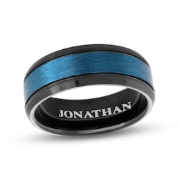 Men's Engravable 8.0mm Band in Black Tungsten with Brushed Blue Ion-Plate (1 Line)