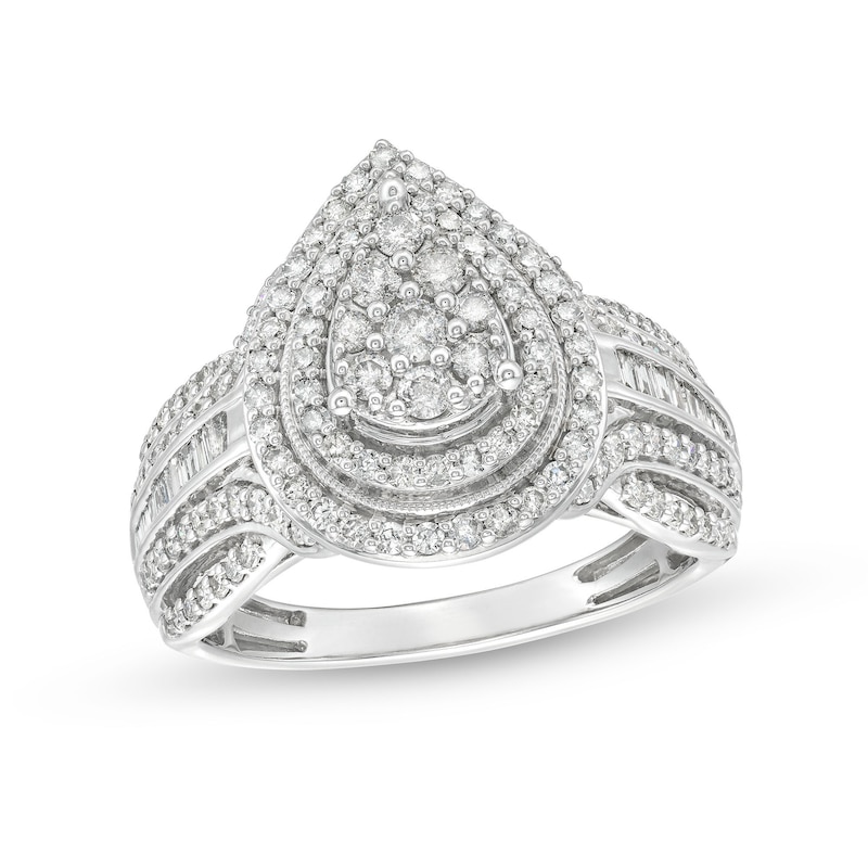 Main Image 1 of 1.00 CT. T.W. Pear Multi-Diamond Teardrop Frame Multi-Row Engagement Ring in 10K White Gold