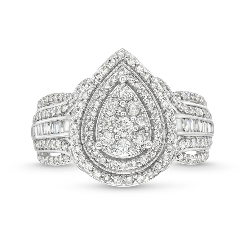 Main Image 4 of 1.00 CT. T.W. Pear Multi-Diamond Teardrop Frame Multi-Row Engagement Ring in 10K White Gold