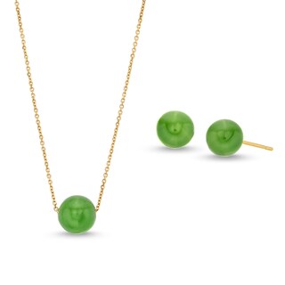 8.0mm Jade Ball Necklace and Stud Earrings Set in 14K Gold
