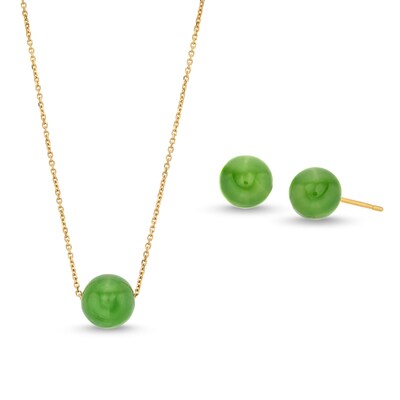 8.0mm Jade Ball Necklace and Stud Earrings Set in 14K Gold