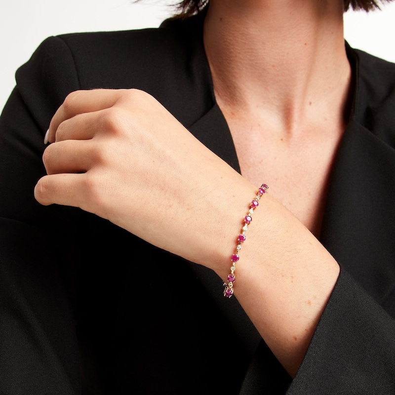 Main Image 2 of Certified Ruby and 0.20 CT. T.W. Diamond Bezel-Set Alternating Line Bracelet in 10K Gold - 7.25"