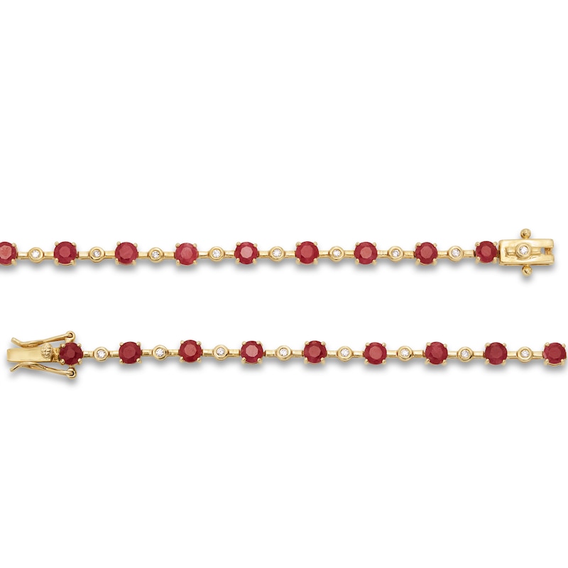 Main Image 3 of Certified Ruby and 0.20 CT. T.W. Diamond Bezel-Set Alternating Line Bracelet in 10K Gold - 7.25"