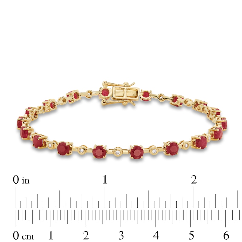 Main Image 4 of Certified Ruby and 0.20 CT. T.W. Diamond Bezel-Set Alternating Line Bracelet in 10K Gold - 7.25"
